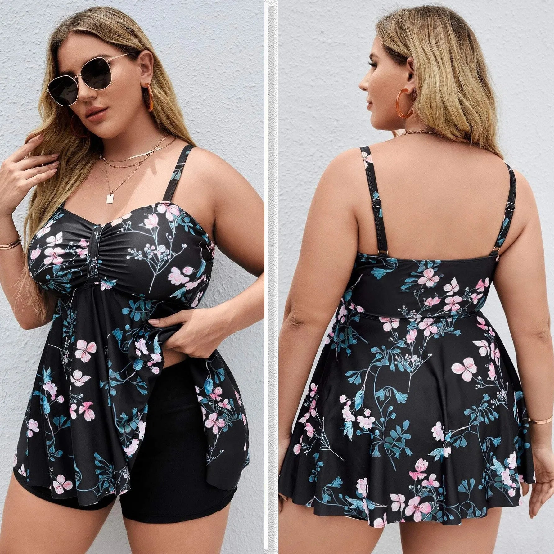 Women's one-piece swimsuit with a split colour floral print pattern on high elasticity polyester fabric.