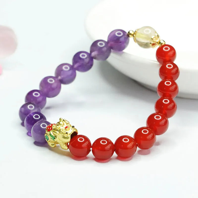 Amethyst and red agate Chinese style beaded bracelet with 8mm stones.
