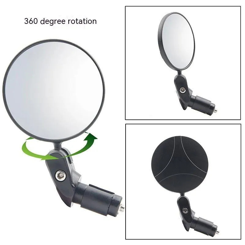 Black foldable convex rearview mirror showing 7cm diameter reflector and adjustable rotation mechanism