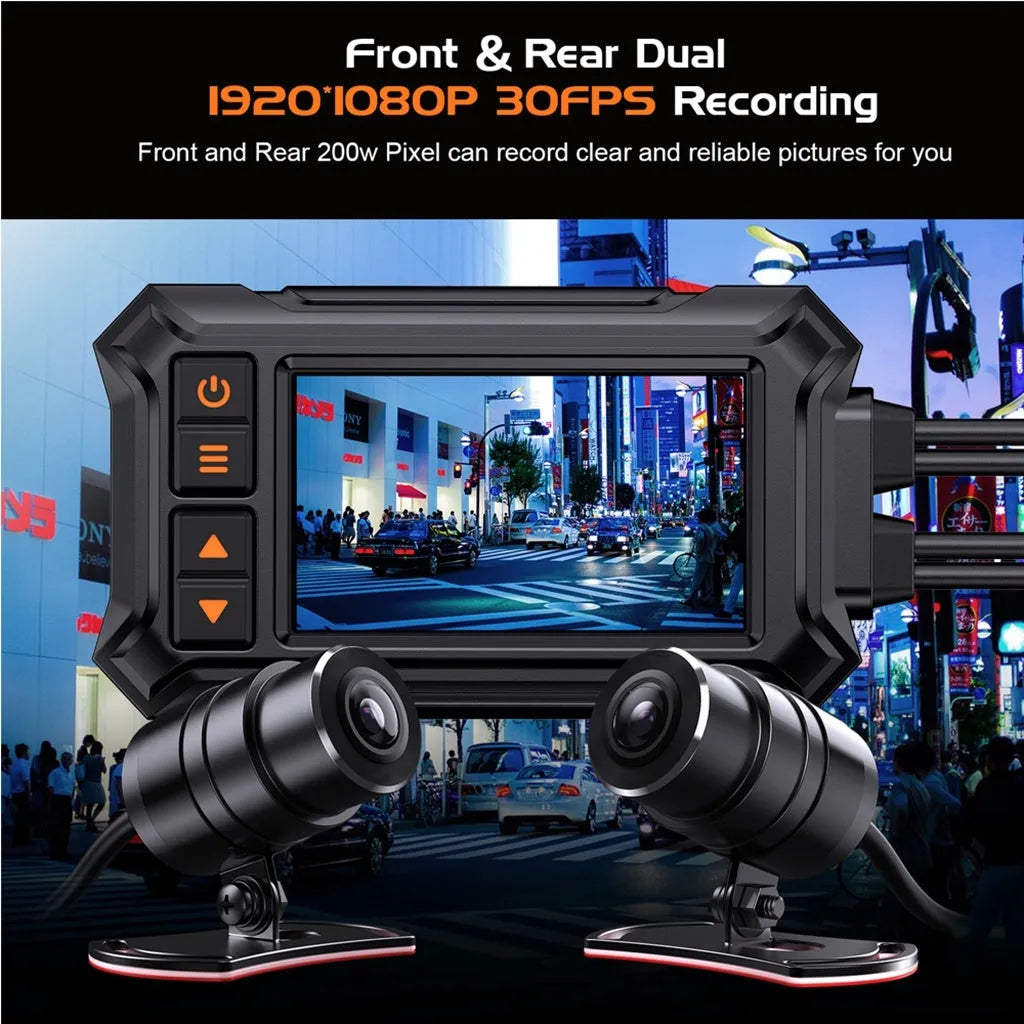 Motorcycle dual lens GPS tachograph recorder with waterproof host unit and mounting accessories.