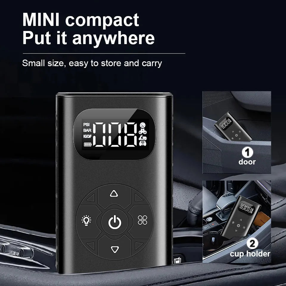 Black portable USB air compressor power bank with inflatable hose for car and bike tyres
