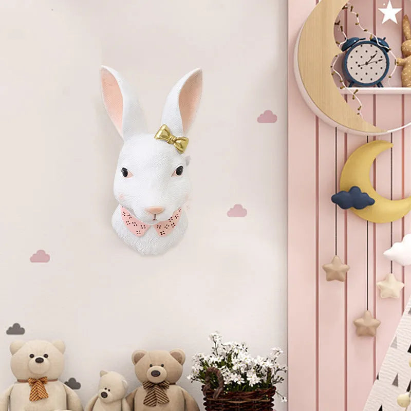 Cartoon rabbit resin wall decor in picture colour with mounting hardware on white background