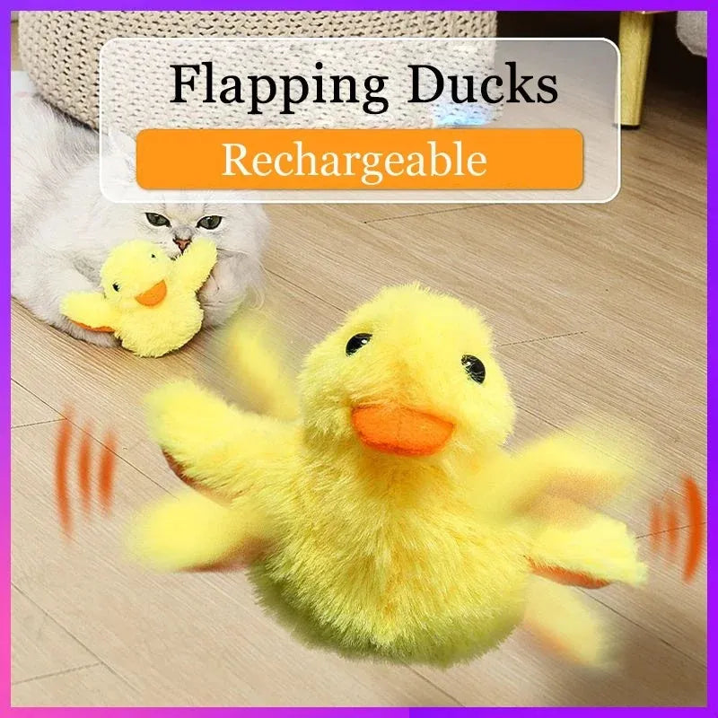 Yellow flapping duck cat toy with vibration sensor and removable plush cover