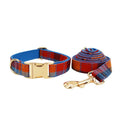 Blue velvet plaid patterned dog collar and matching lead set with an optional decorative bow.