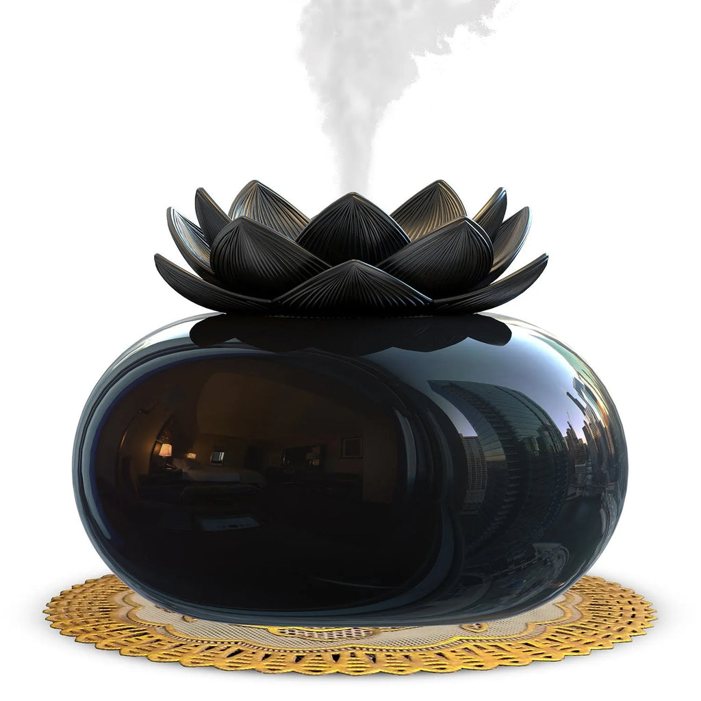 Pure black lotus shaped ultrasonic humidifier with USB connection and ceramic plastic construction