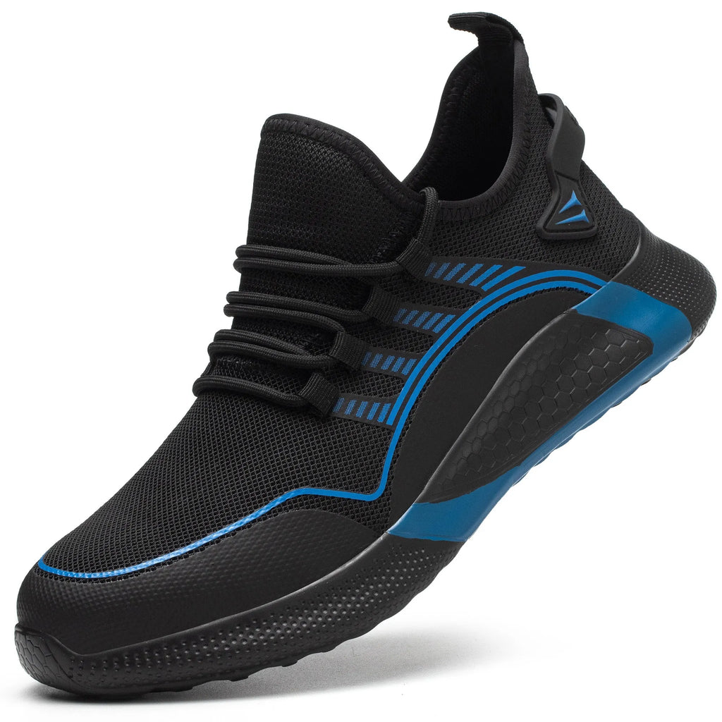 Breathable men's labour protection shoe in black with fly-knit upper, low upper, round toe, and front lacing