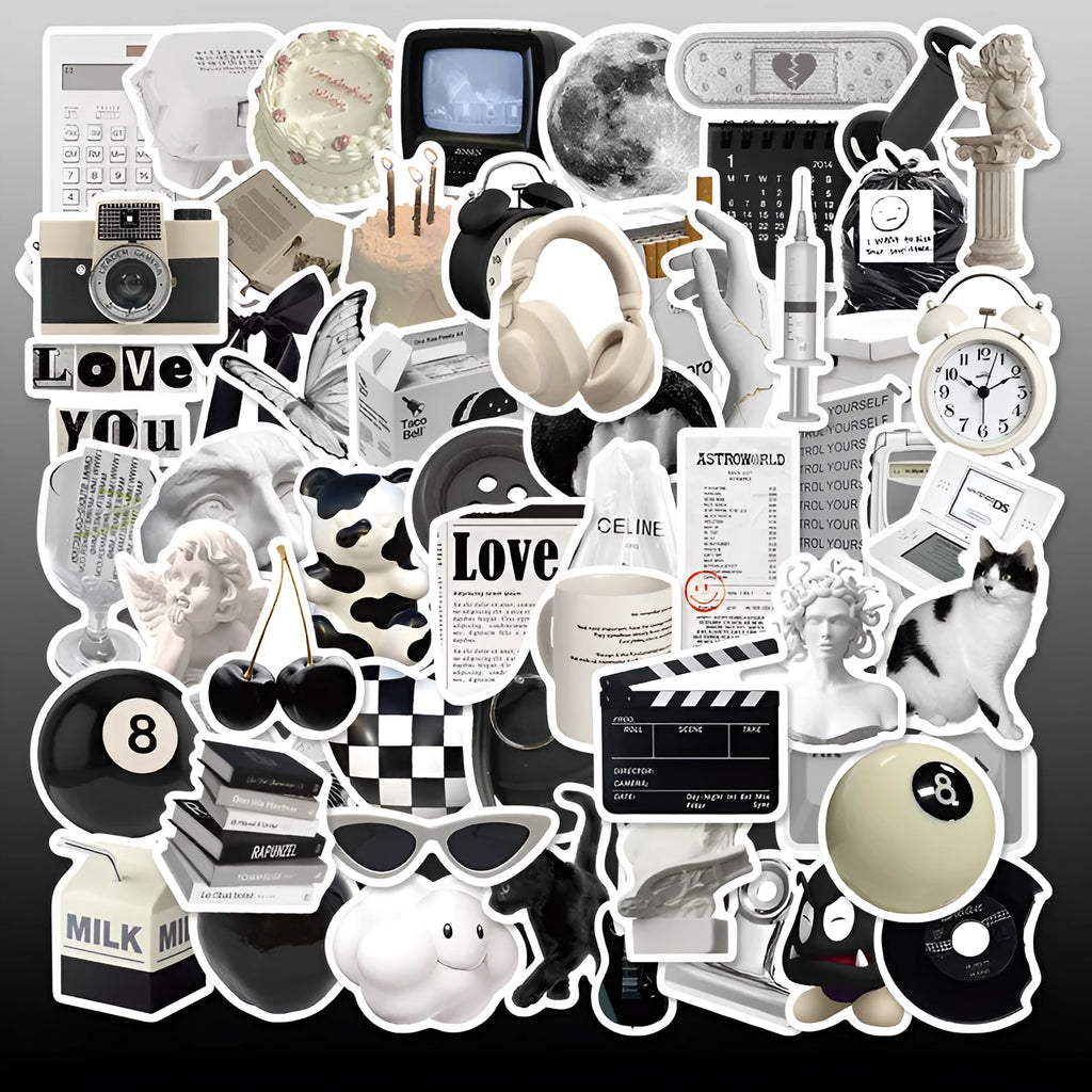 Assortment of 61 black and white line-art PVC stickers for laptops and luggage.