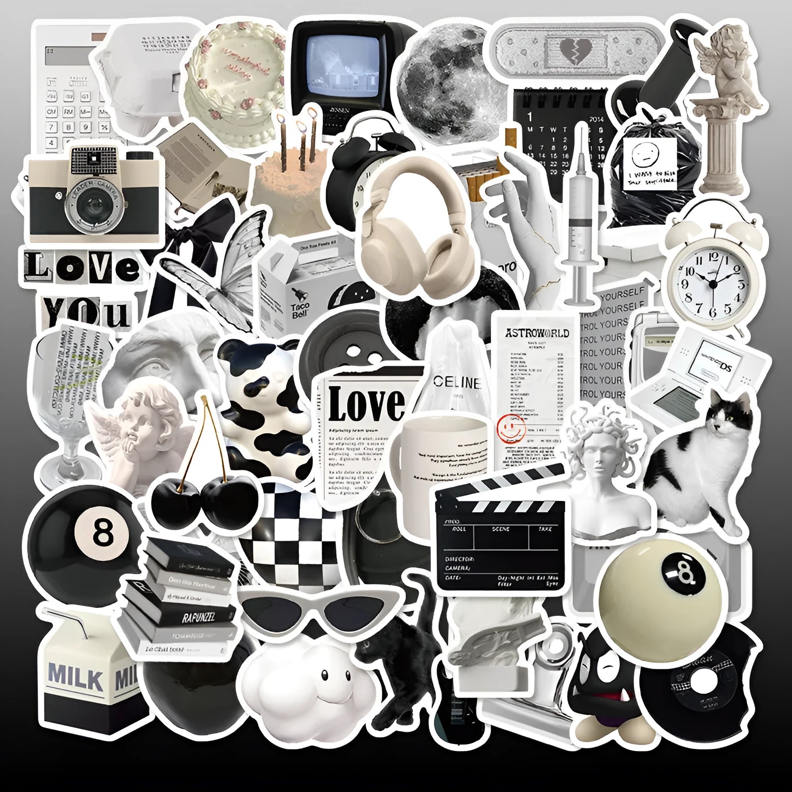 Assortment of 61 black and white line-art PVC stickers for laptops and luggage.