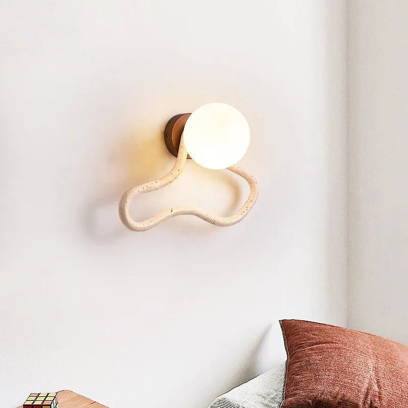 Middle Ancient cream style bedside wall lamp with travertine glass shade and solid wood base
