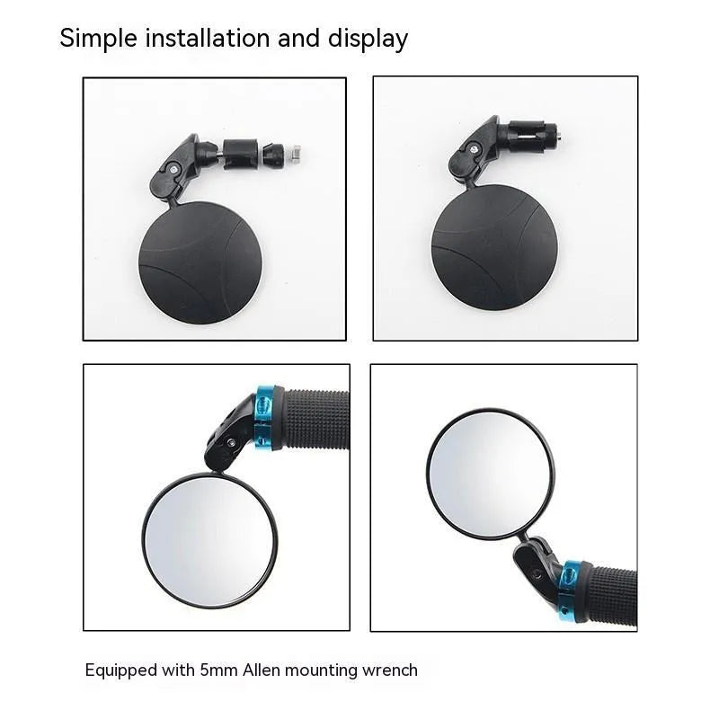 Black foldable convex rearview mirror showing 7cm diameter reflector and adjustable rotation mechanism