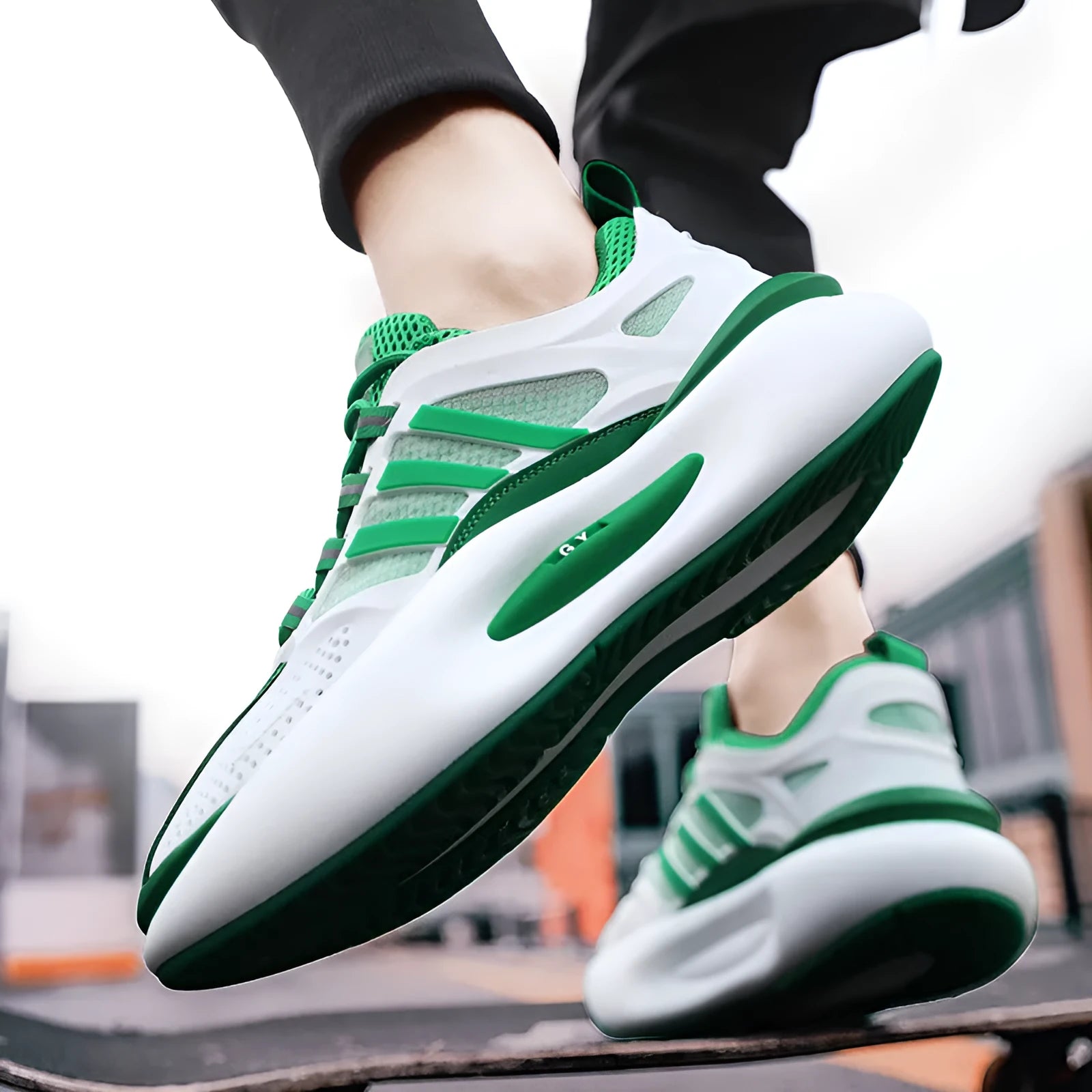 Men's mesh breathable running sneakers in white and green with rubber sole and lace-up closure