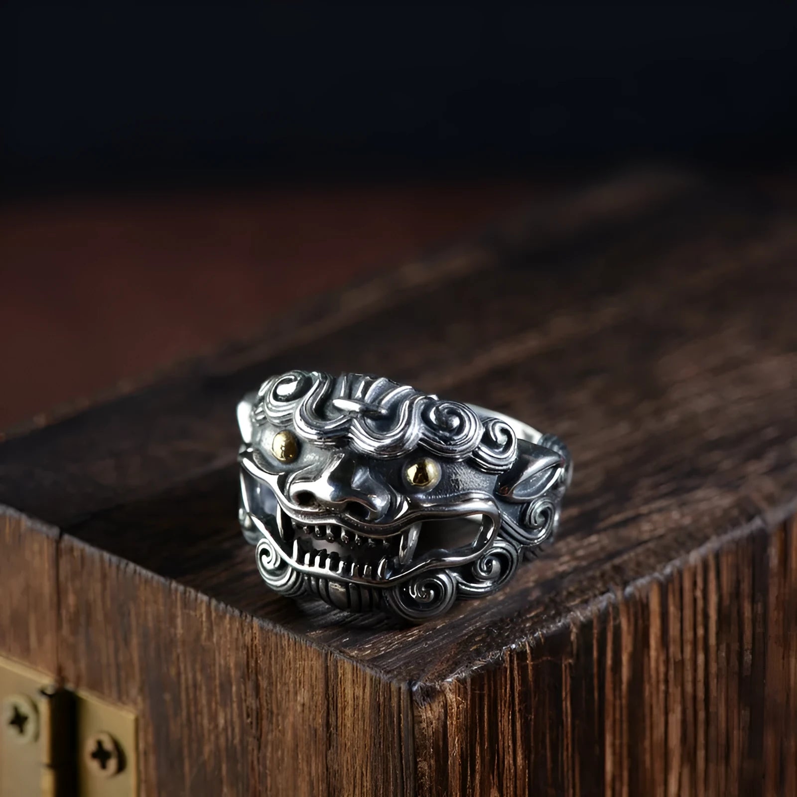 Silver open ring with detailed animal Jibeast pattern and geometric design