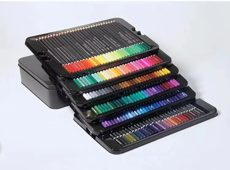 180 oily colour pencils in rainbow colours presented in a metal tin box with wooden barrels