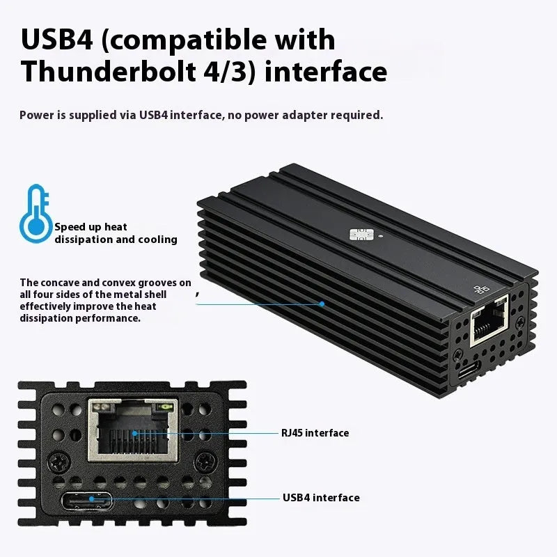 Black USB4 network adapter with RJ45 Ethernet port and 20cm cable for Thunderbolt 3/4 devices