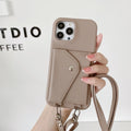 PC leather card holder crossbody phone case with lychee pattern triangle veil design for iPhone 13-15 series in black