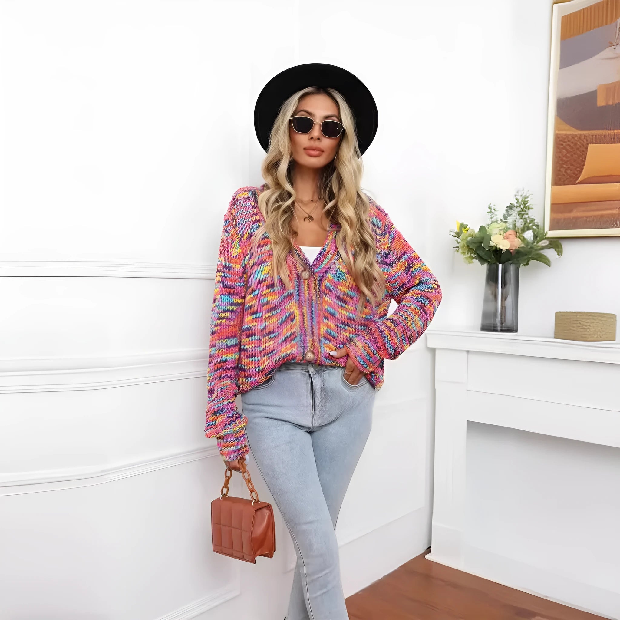 Rose red loose fit knitted cardigan coat with rainbow coloured stripes, shown on a model.