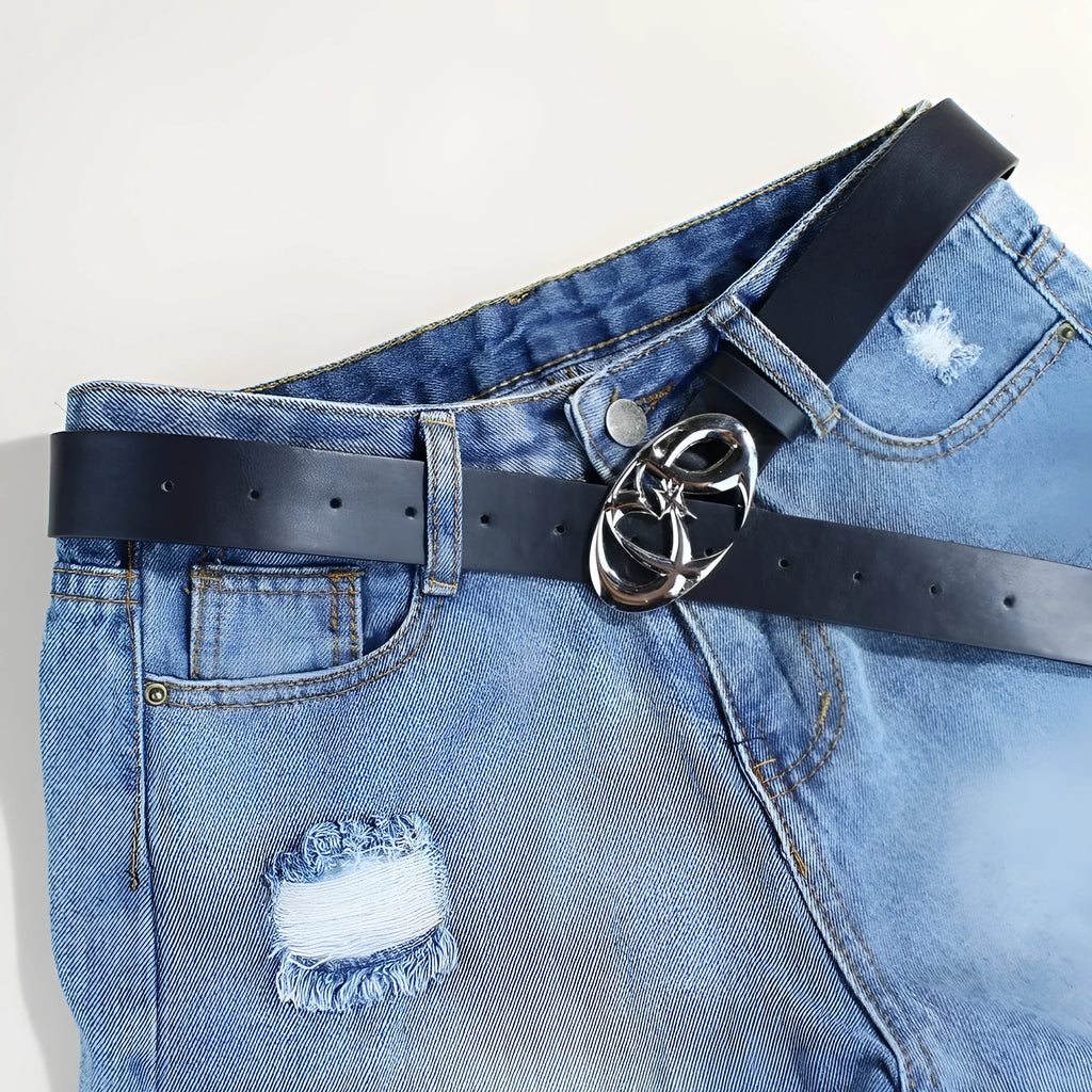 Casual silver buckle belt in PU leather with snap button fastening, showing 3.3cm width and 105cm length