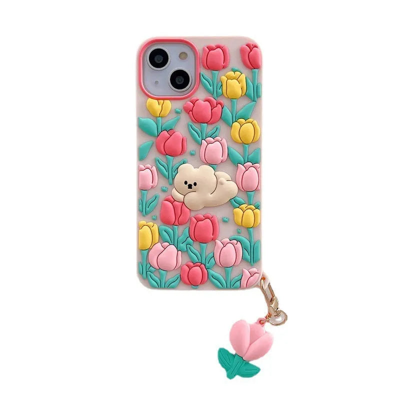 Creative cartoon little bear flowers silicone phone case with tulip pendant in pink for Apple iPhone
