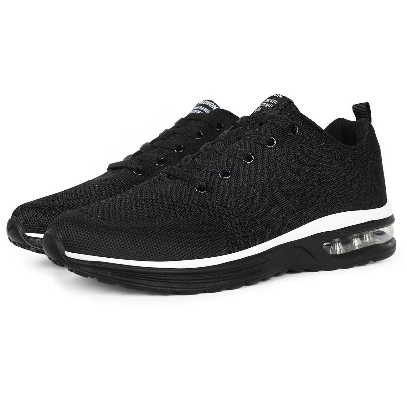 Pair of grey and black Flyknit mesh running shoes with a round toe and PU sole on a white background.