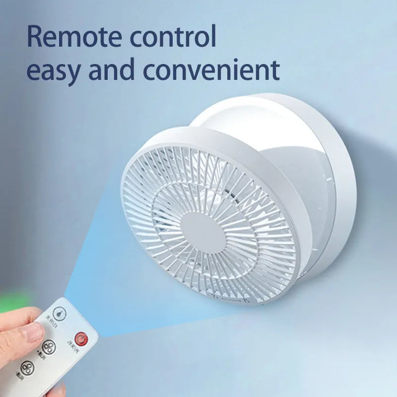 White portable folding fan with remote control and warm night light on desktop