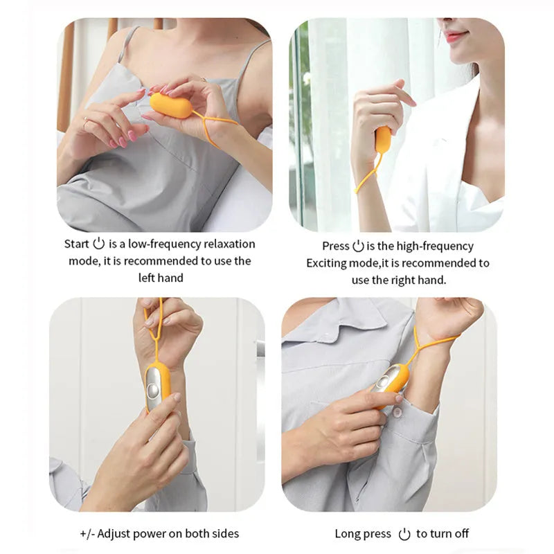 Handheld microcurrent sleep aid device with round button, USB charging port, and stainless steel electrodes in grey green orange colours