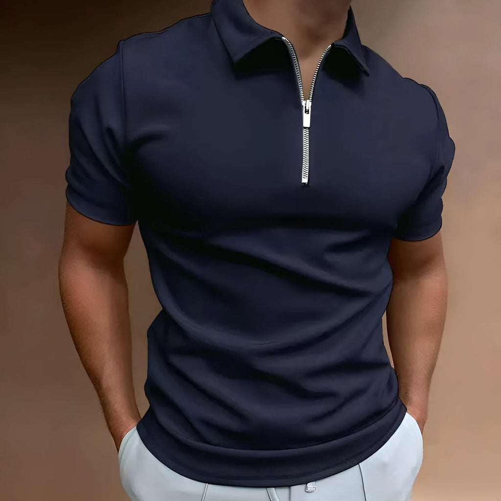 Man wearing a short sleeve digital print polo shirt in a casual setting.