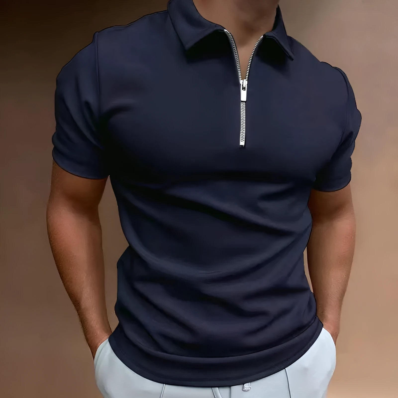 Man wearing a short sleeve digital print polo shirt in a casual setting.