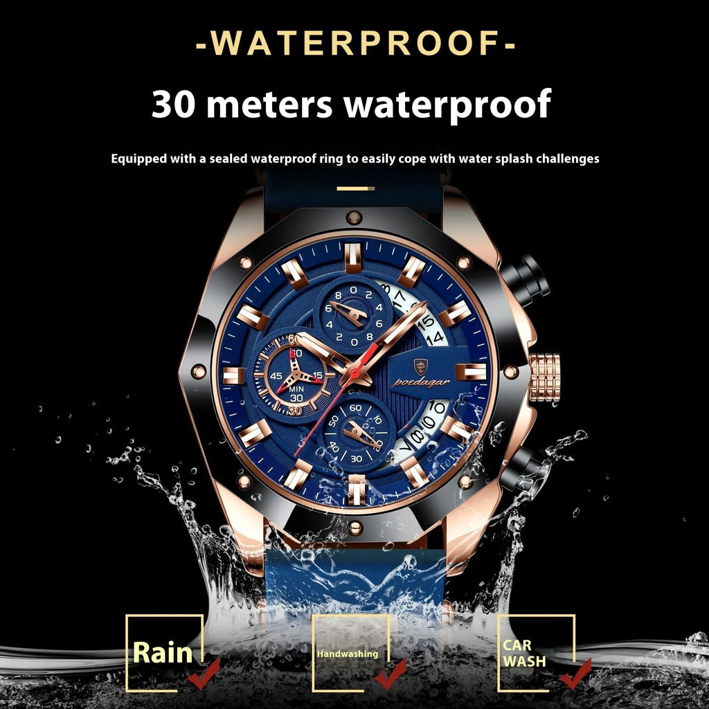 Men's chronograph watch with silicone strap showing diamond dial and 10mm case thickness