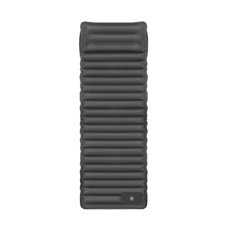 Single inflatable camping air mattress in grey, shown rolled and expanded, with integrated valve.