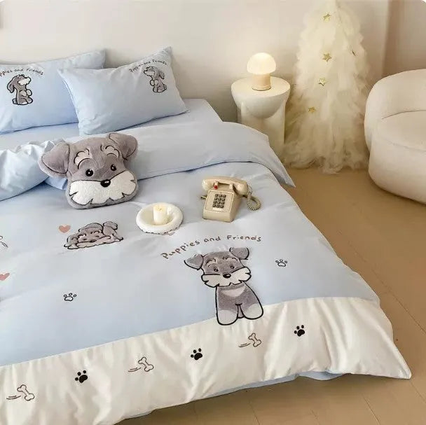 Cute Schnauzer cartoon pattern cotton bed sheet set showing quilt cover, flat sheet and pillowcases