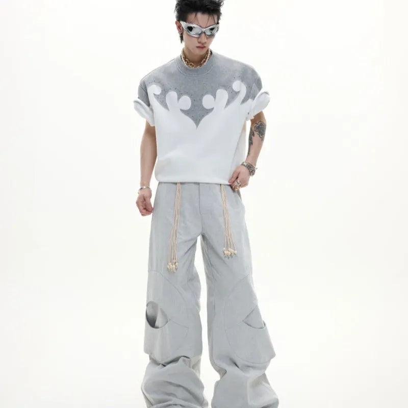 Men's grey cotton shirt with a raised burnt flower pattern and rhinestone decoration on the front.
