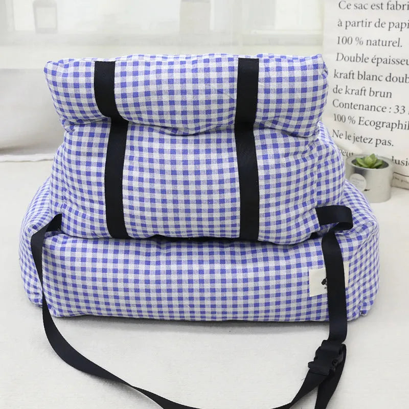 Blue plaid and grey stain-resistant cloth dog nest for car use, showing small and large size options.