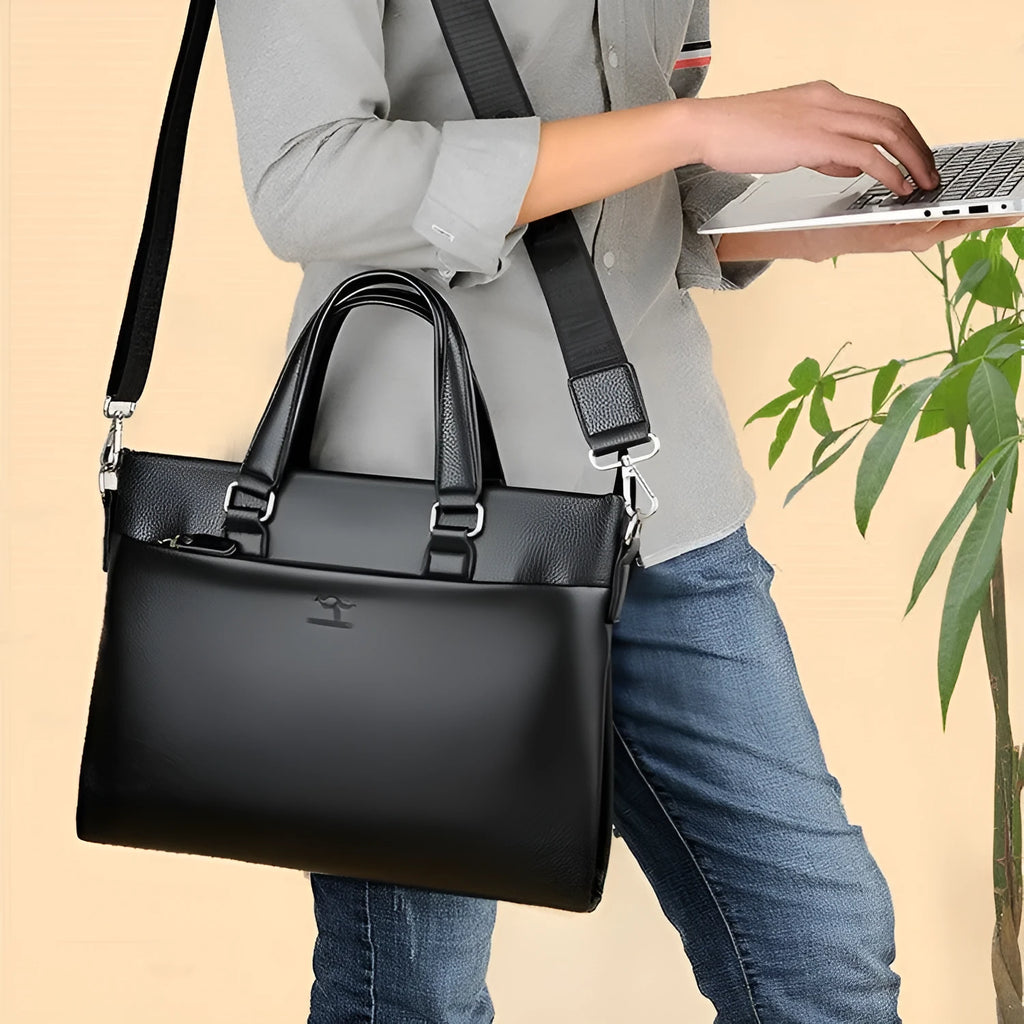 Men's black and brown PU leather messenger bag with splicing design and crossbody strap