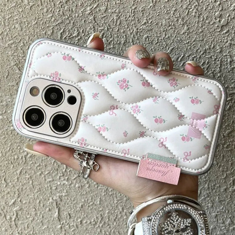 Creative down jacket small floral embossed leather phone case for iPhone with white background pattern