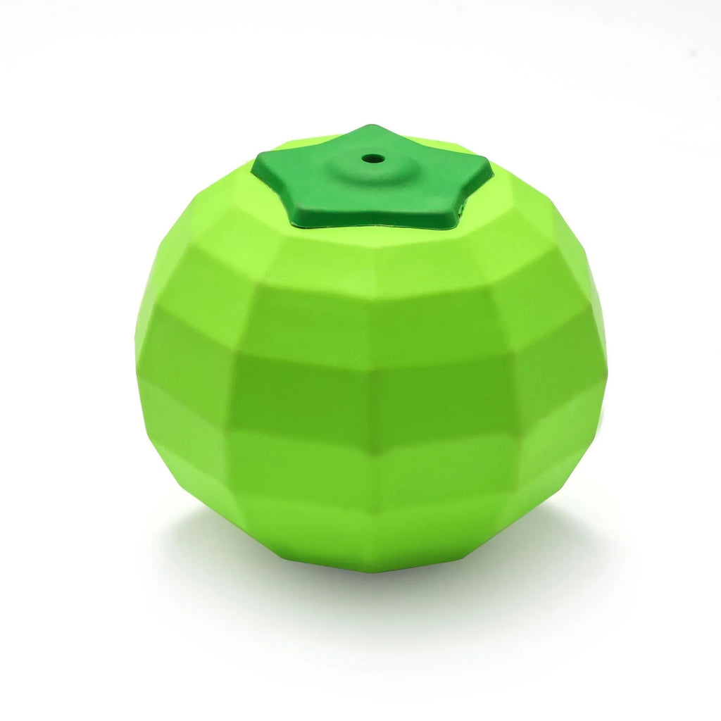 Green natural rubber dog squeaky toy ball for aggressive chewers on a white background.