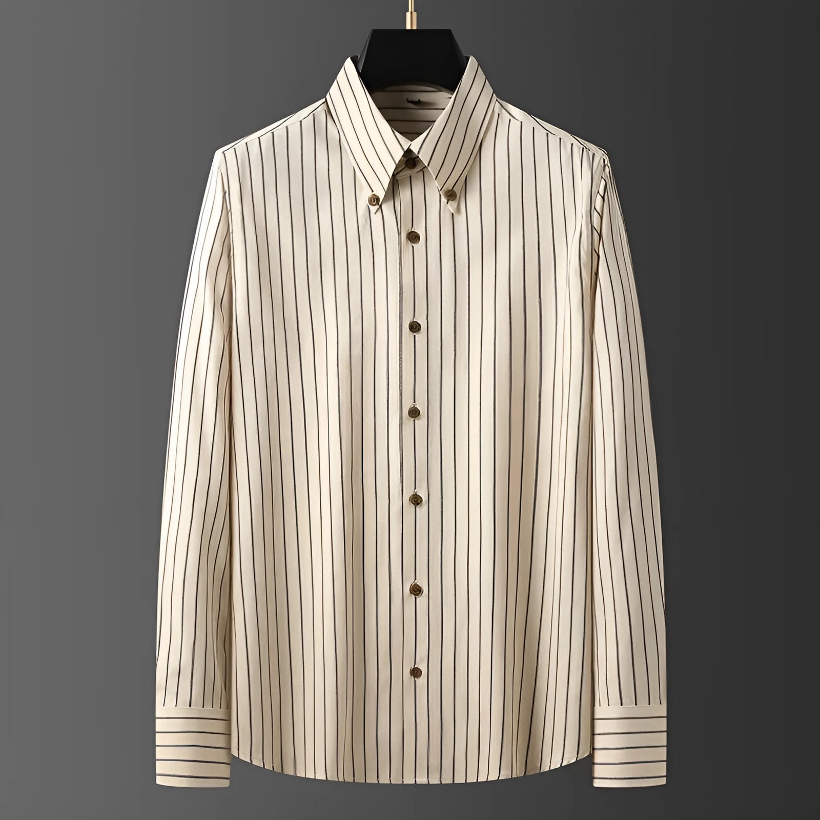 Coffee coloured striped men's long-sleeved shirt with a slim fit, shown on a hanger.