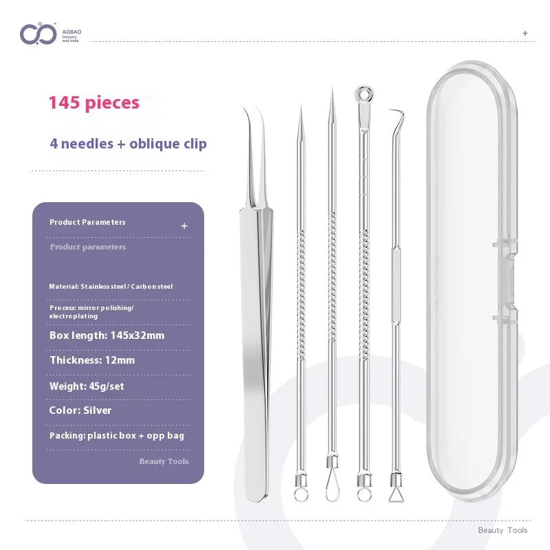 4-piece silver metal acne needle set with ultra-fine pointed tips for skin care