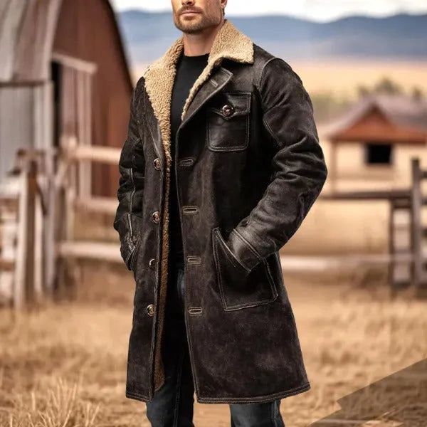 Men's vintage dark brown suede-look casual coat with 80cm length and long sleeves