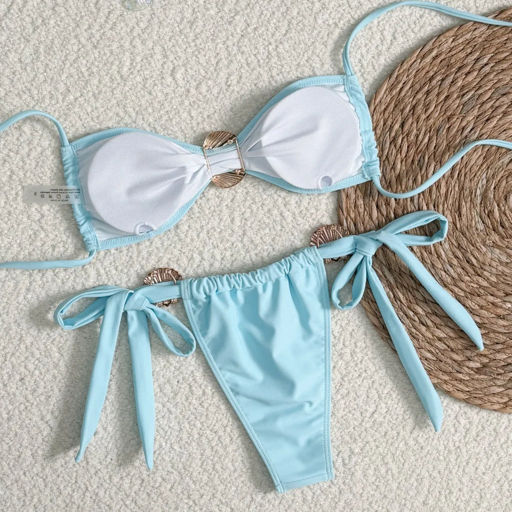Women's high waist lace-up bikini swimsuit in solid blue polyester, front view, sizes S to XL