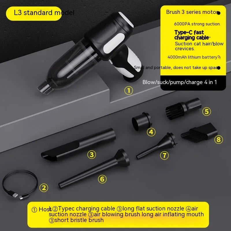 Black cordless handheld car vacuum cleaner with attachments on a grey car seat.