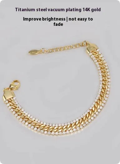 Gold coloured titanium steel tennis bracelet with gemstone inlay for men and women