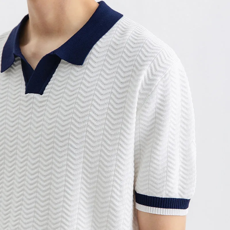 Men's ice silk polo shirt, short sleeve, striped pattern, slit detail, dark green colour, summer casual top