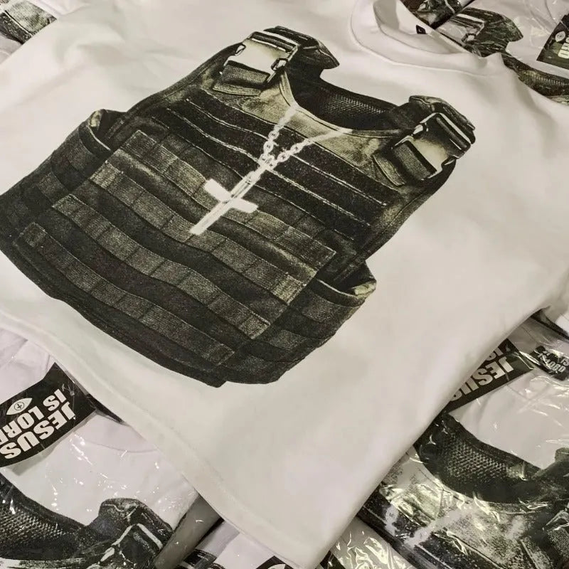 Printed cotton short sleeve retro street style t-shirt with drop shoulder design in contrast colours.
