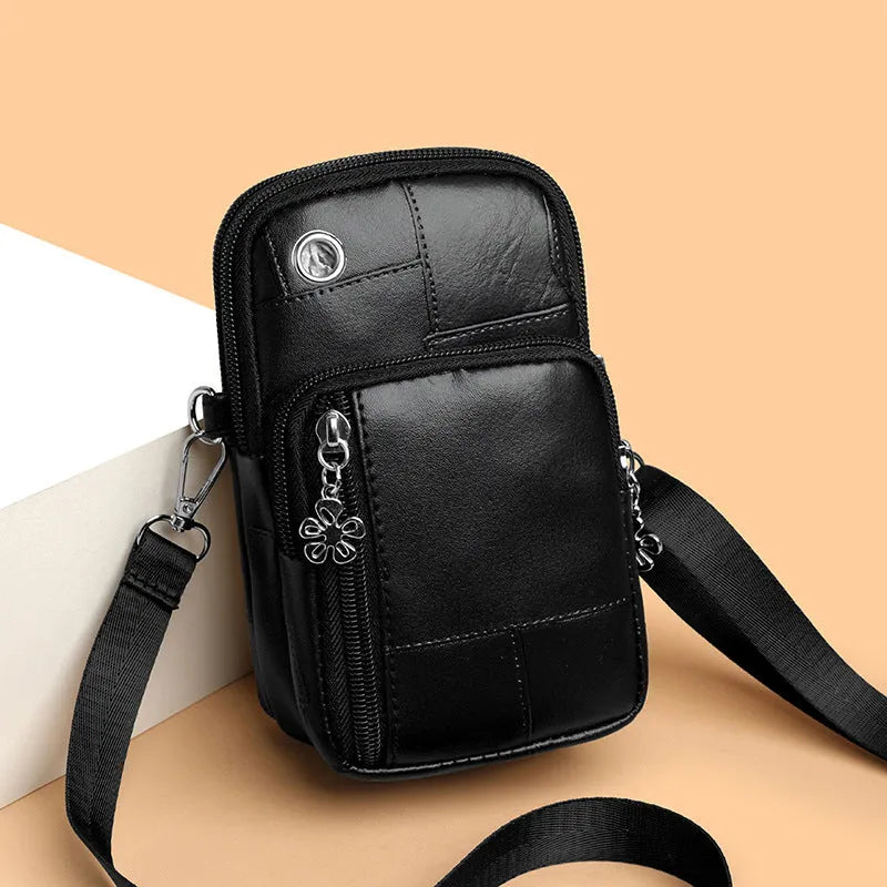 Vertical square mini phone bag in PU material with sandwich pocket, shown in available colours