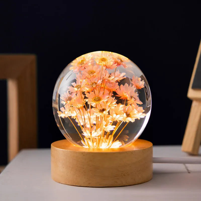 Dandelion crystal ball lamp on beech wood base with USB cable
