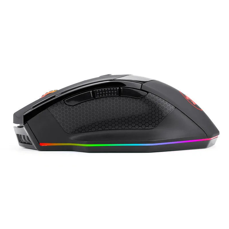 Black Redragon M801P dual-mode wireless and wired gaming mouse with nine buttons on an ergonomic rat-sized body.