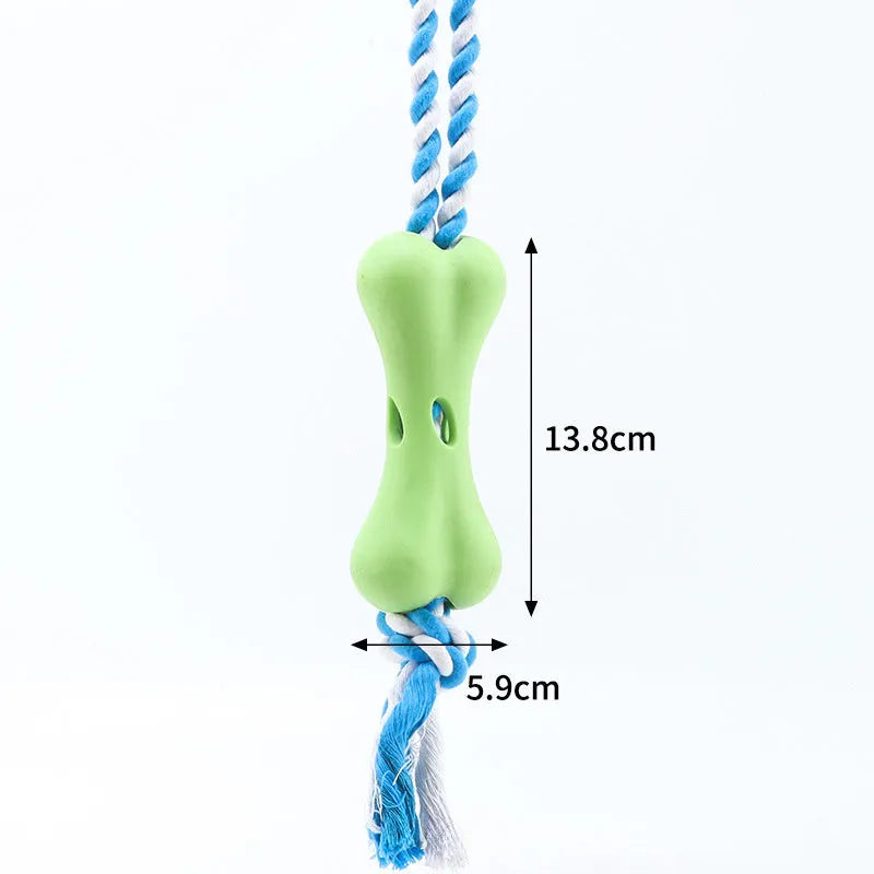 Green porous rope bone dog chew toy with knotted texture for treat stuffing and teeth relief