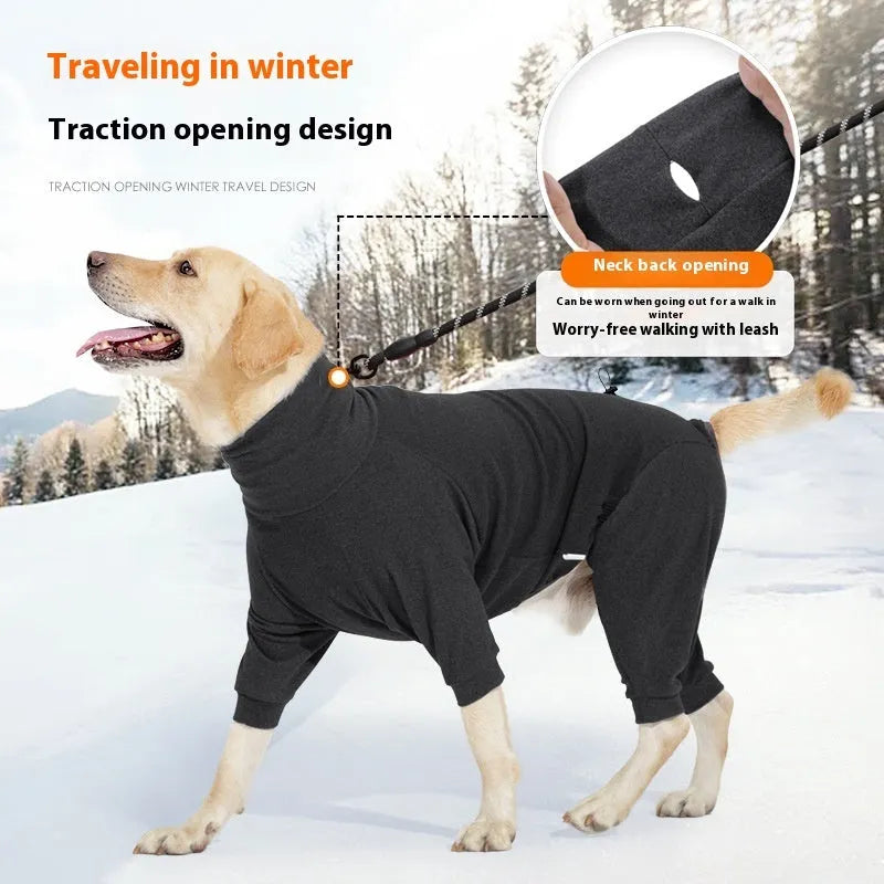 Four-legged polar fleece dog suit with high collar in dark grey colour on a medium-sized dog