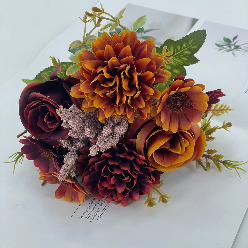 Autumn hydrangea bridal bouquet in silk flower with rose dried flower look, available in brown pink white Champagne