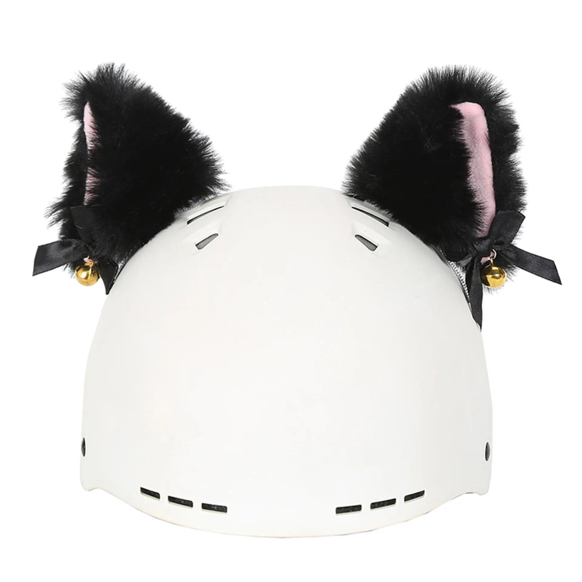 Soft plush cartoon character cover on a motorcycle helmet, showing size M and decorative ear sections.